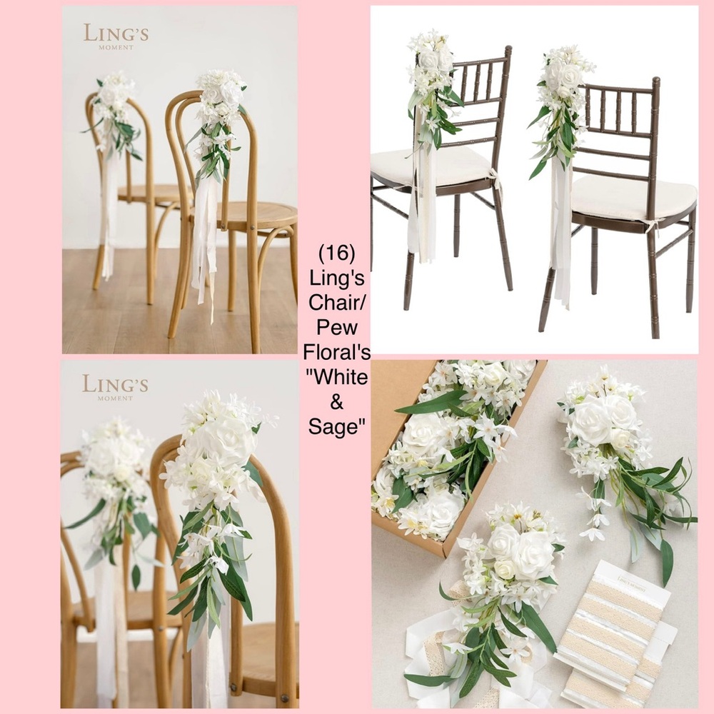(8) Ling's Moment Chair/Pew Florals with Ribbons & Clips on the back. Used once